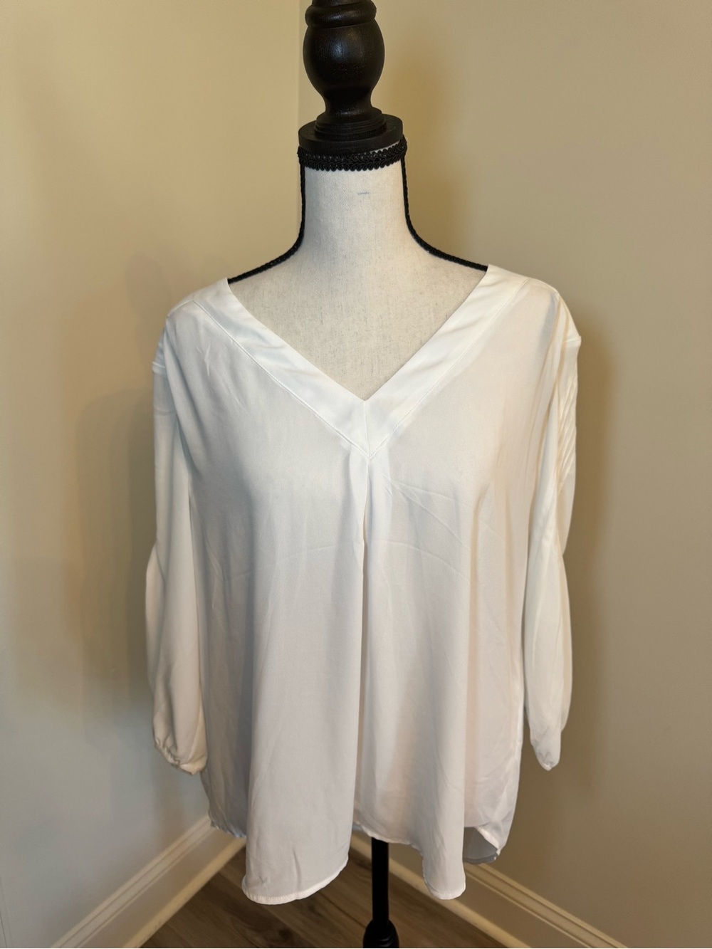 New York & Company White V-Neck Flowing Blouse